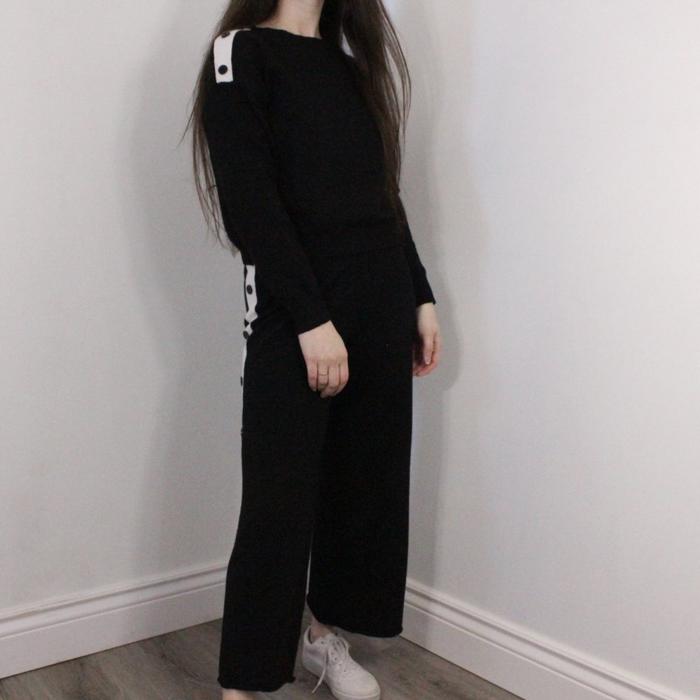 Black Crewneck Sweater with White Snap-Trim Detail